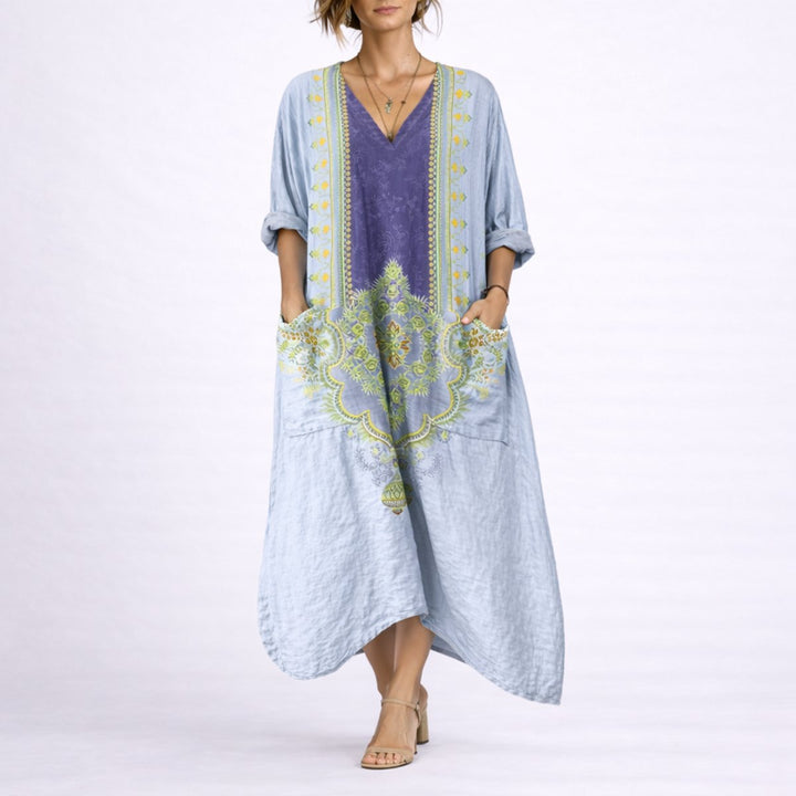 Dames Bohemian Maxi Kaftan Jurk Herfstbruiloft Gast V-hals - Blauw en Paars