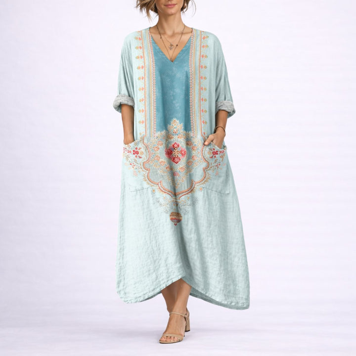 Dames Bohemian Maxi Kaftan Jurk Herfstbruiloft Gast V-hals - Groen en Blauw