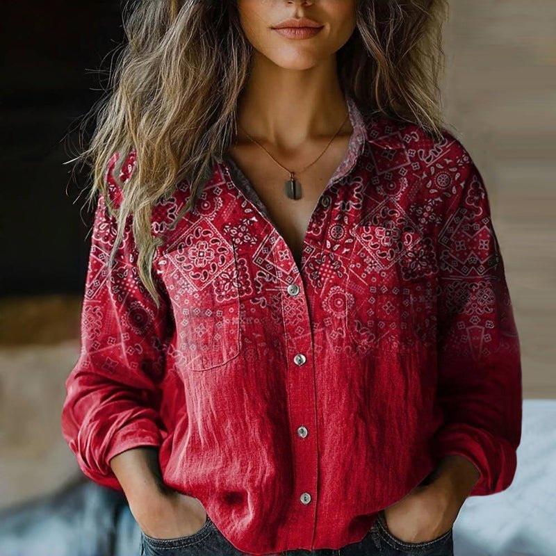 Dames Bohemian Paisley-print Vintage Blouse Lange Mouwen - Red