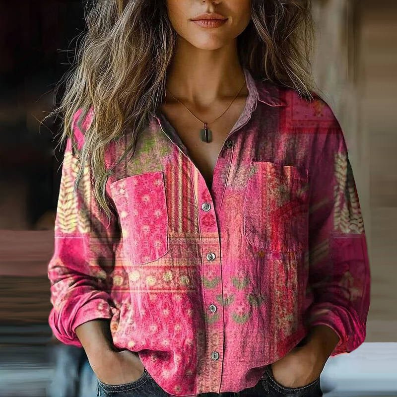 Dames Bohemian Paisley-print Vintage Blouse Lange Mouwen - Pink