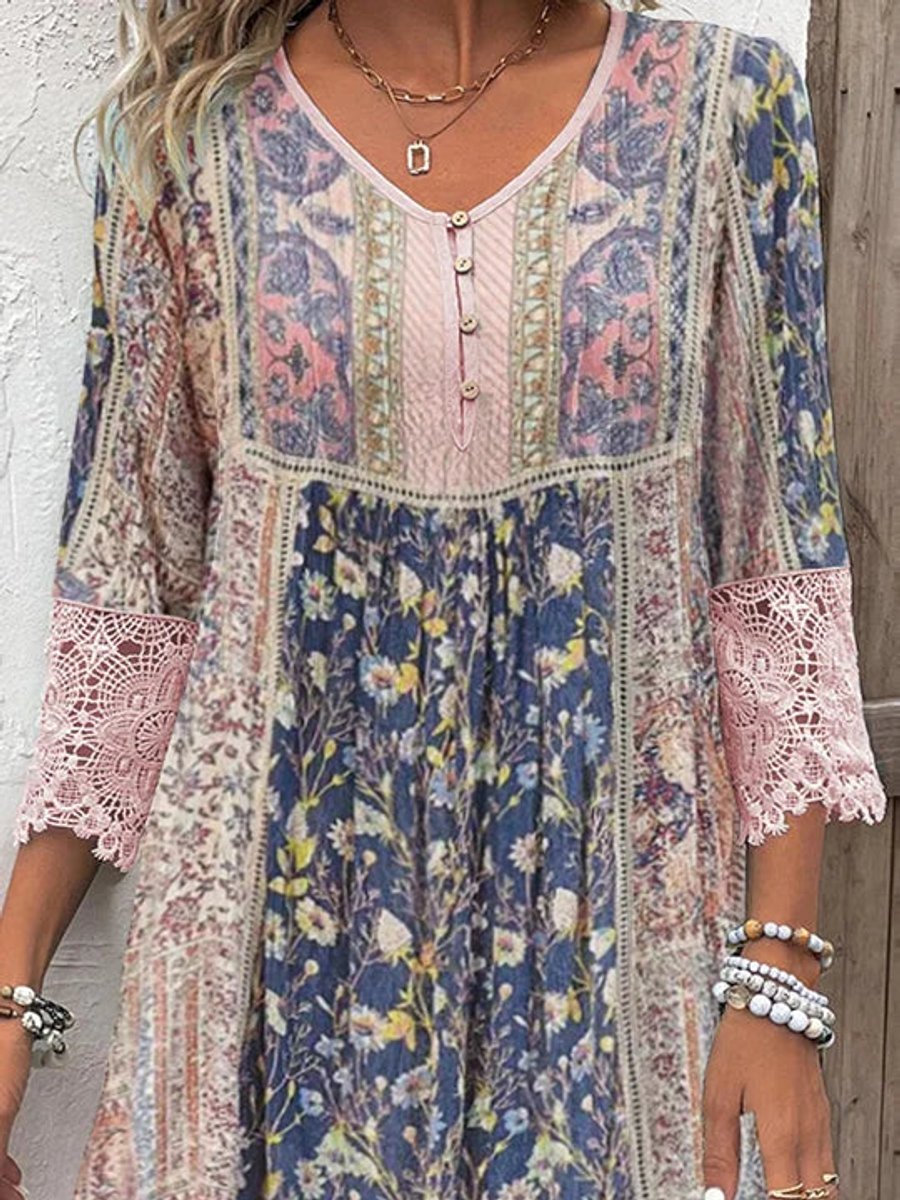Dames Bohemian Tunic Jurk Bloemenprint Kanten Mouwen