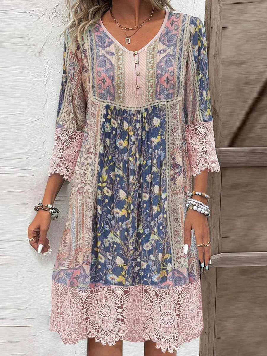 Dames Bohemian Tunic Jurk Bloemenprint Kanten Mouwen - Rosa