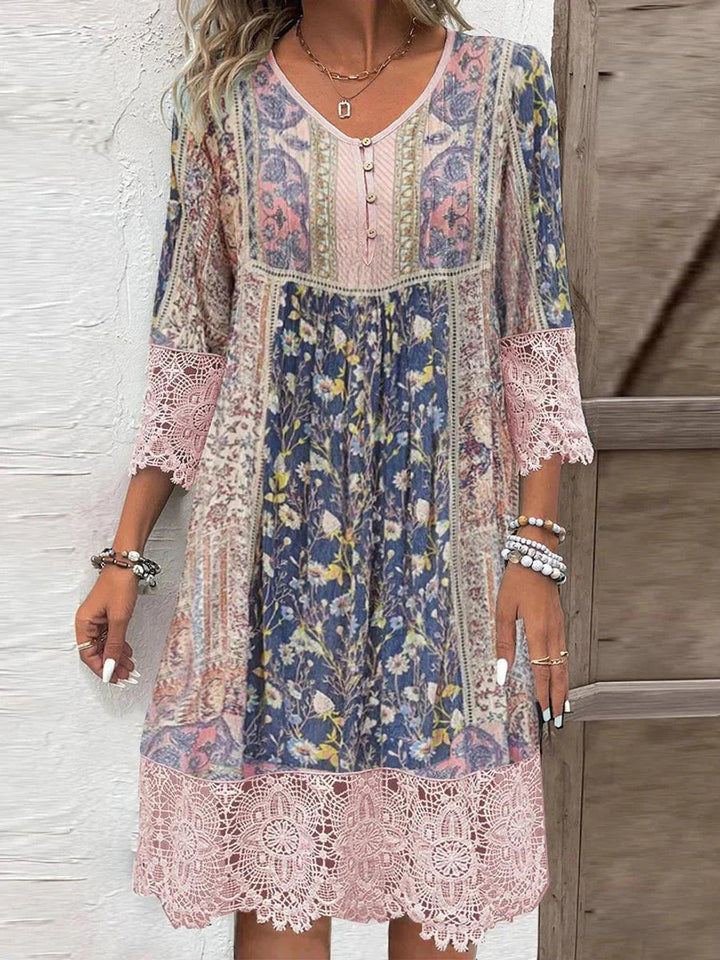 Dames Bohemian Tunic Jurk Bloemenprint Kanten Mouwen - Rosa