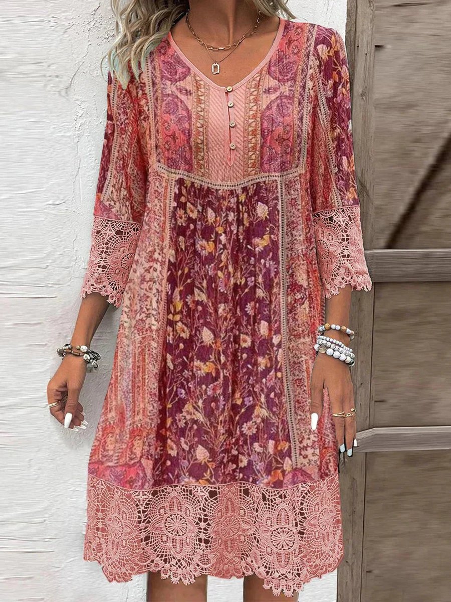 Dames Bohemian Tunic Jurk Bloemenprint Kanten Mouwen - Rot