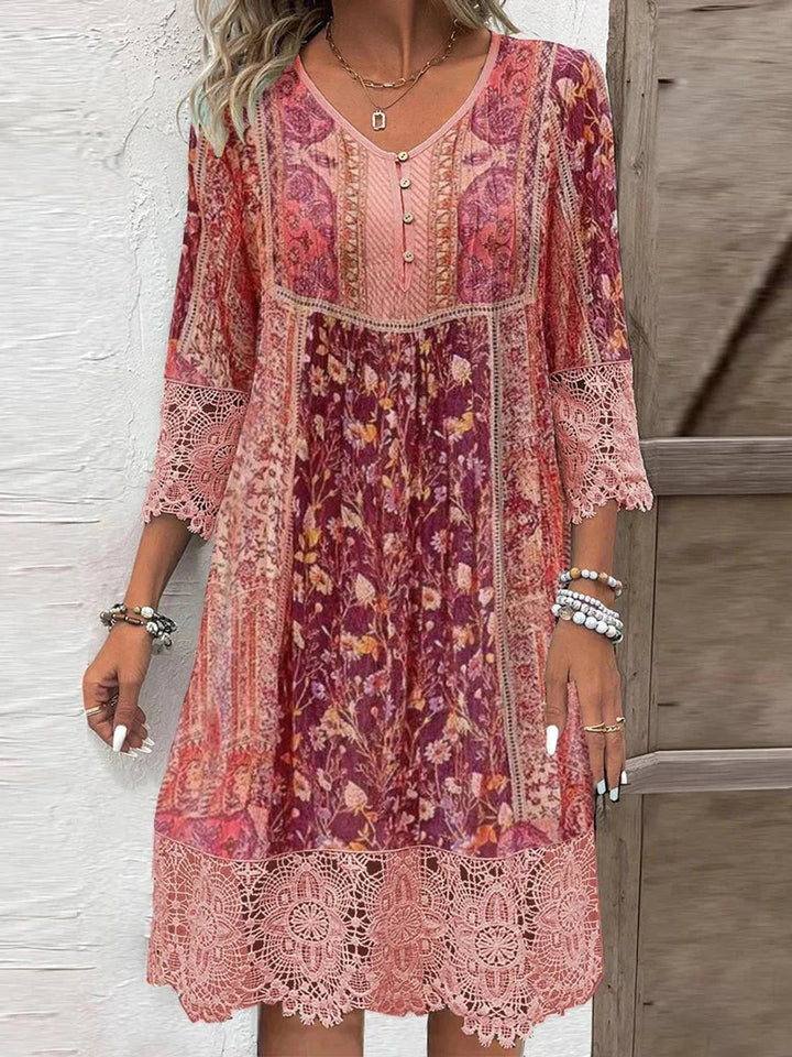 Dames Bohemian Tunic Jurk Bloemenprint Kanten Mouwen - Rot