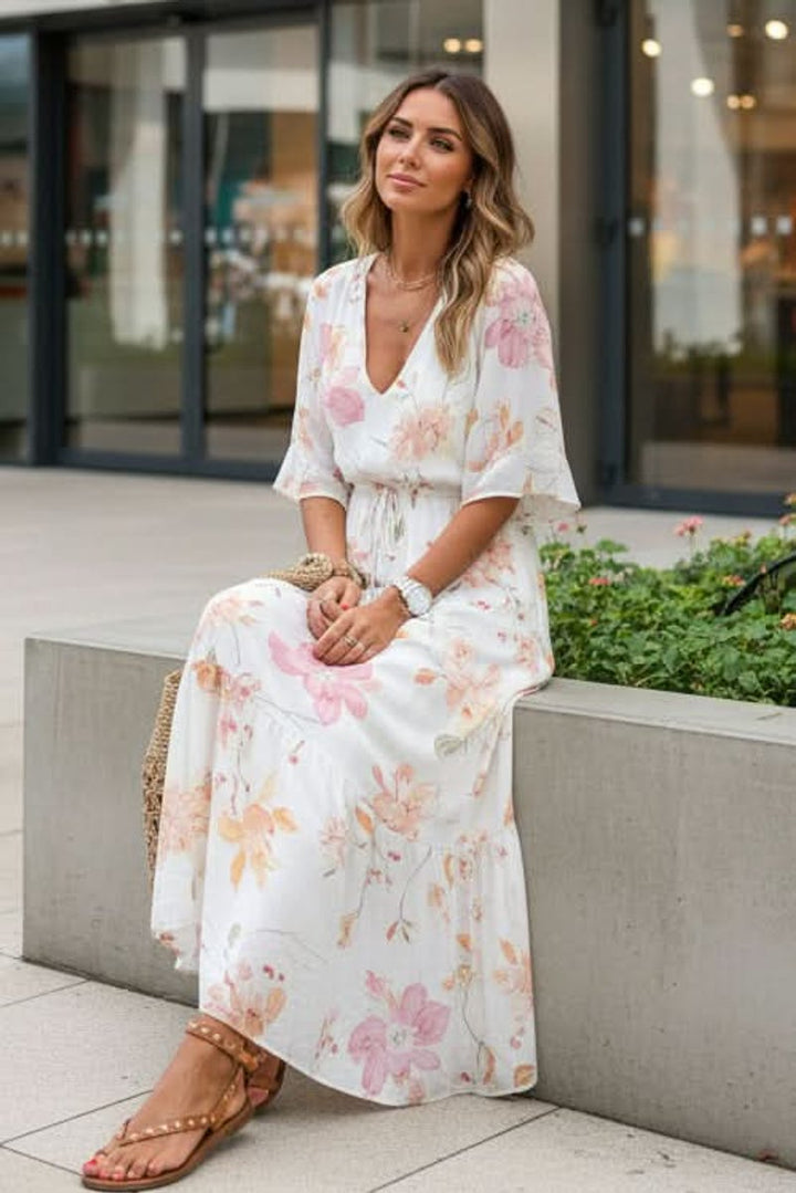 Dames Boho Bloemen Maxi Avondjurk V-hals Verstelbare Taille