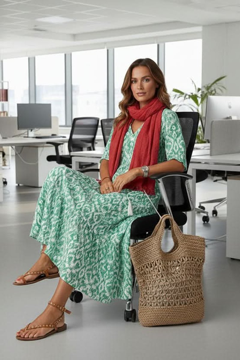Dames Boho Bloemen Maxi Avondjurk V-hals Verstelbare Taille - Green