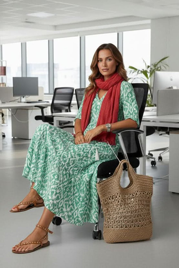 Dames Boho Bloemen Maxi Avondjurk V-hals Verstelbare Taille - Green