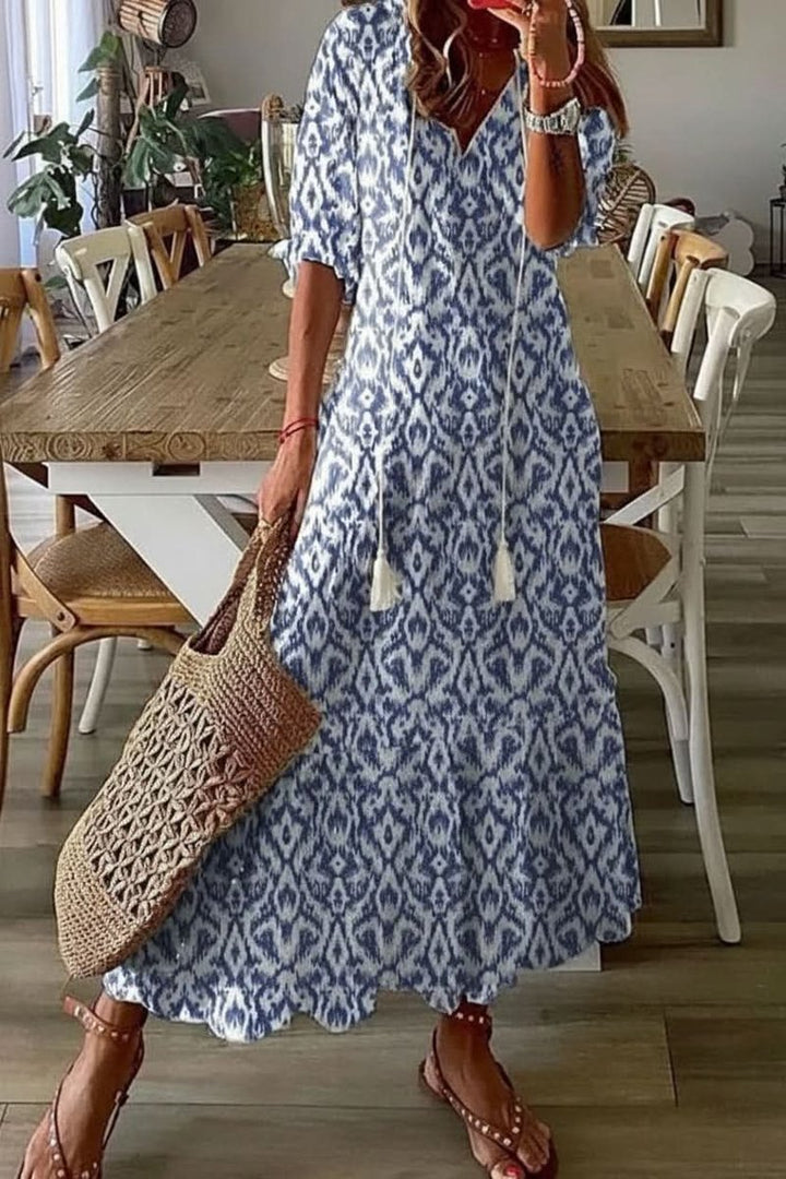 Dames Boho Bloemen Maxi Avondjurk V-hals Verstelbare Taille - Light Blue