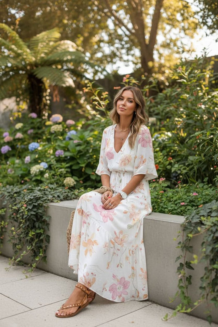 Dames Boho Bloemen Maxi Avondjurk V-hals Verstelbare Taille - White