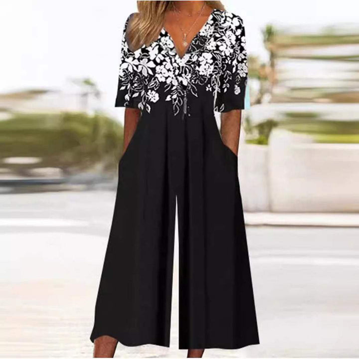 Dames Boho Bloemenprint Jumpsuit V-hals Halve Mouwen - Black
