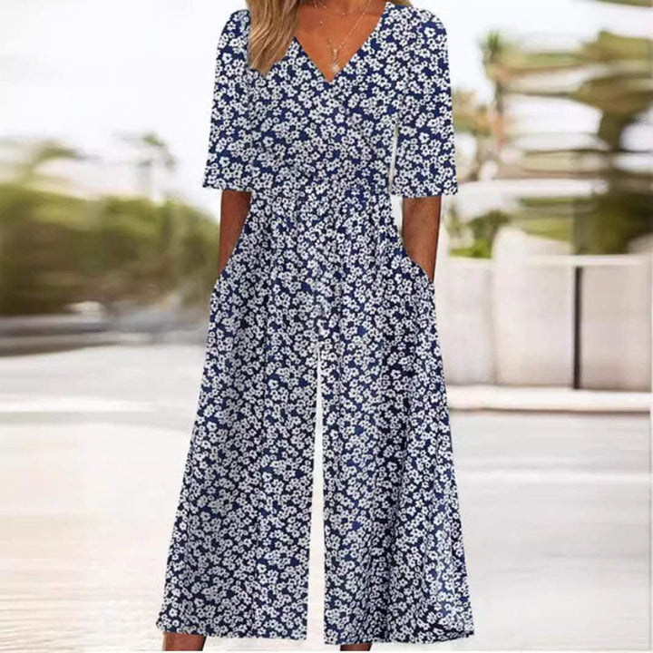 Dames Boho Bloemenprint Jumpsuit V-hals Halve Mouwen - White