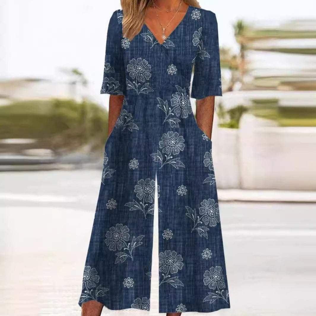 Dames Boho Bloemenprint Jumpsuit V-hals Halve Mouwen
