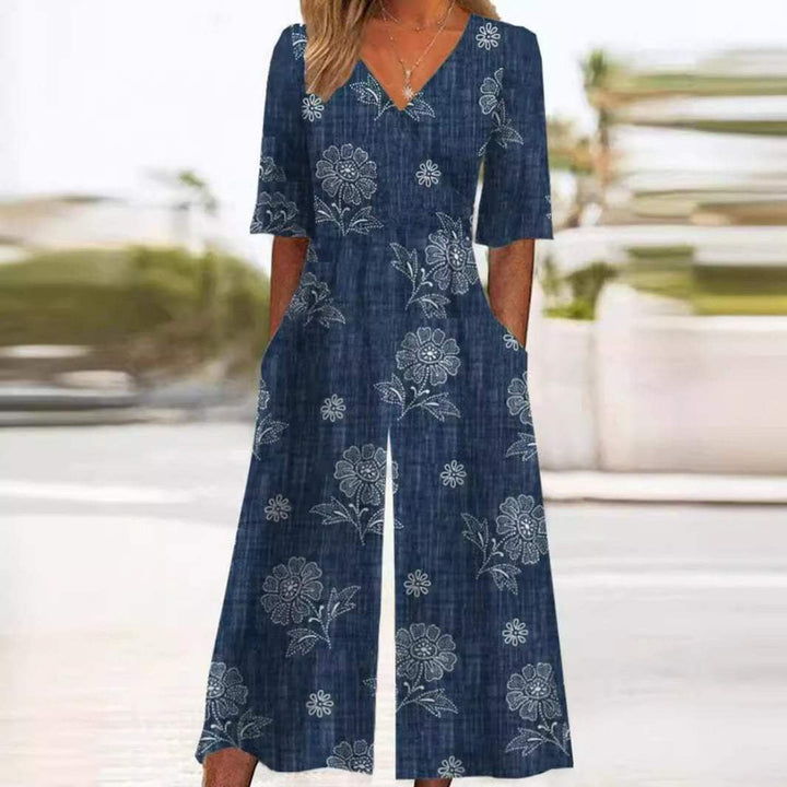 Dames Boho Bloemenprint Jumpsuit V-hals Halve Mouwen