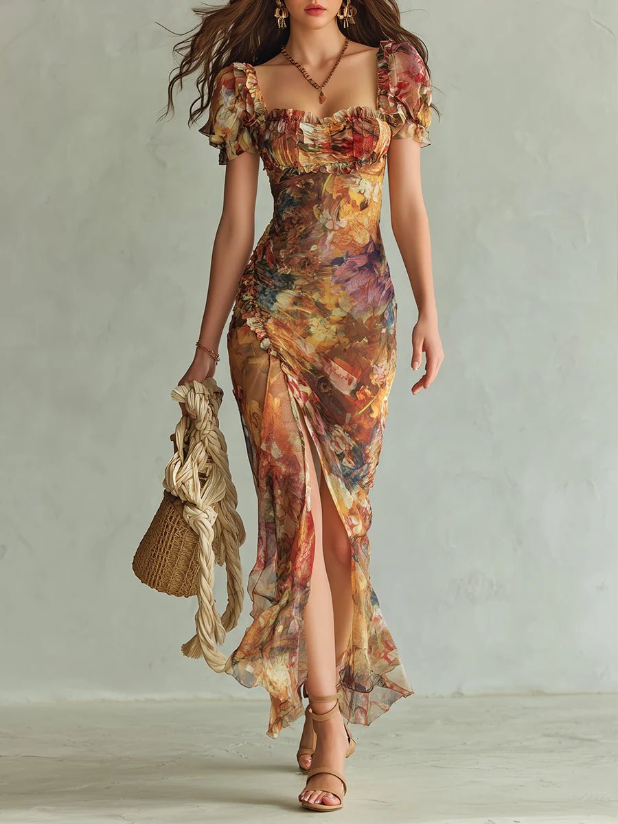 Dames Boho Chiffon Maxi-jurk met Ruffle Sweetheart Halslijn - Orange
