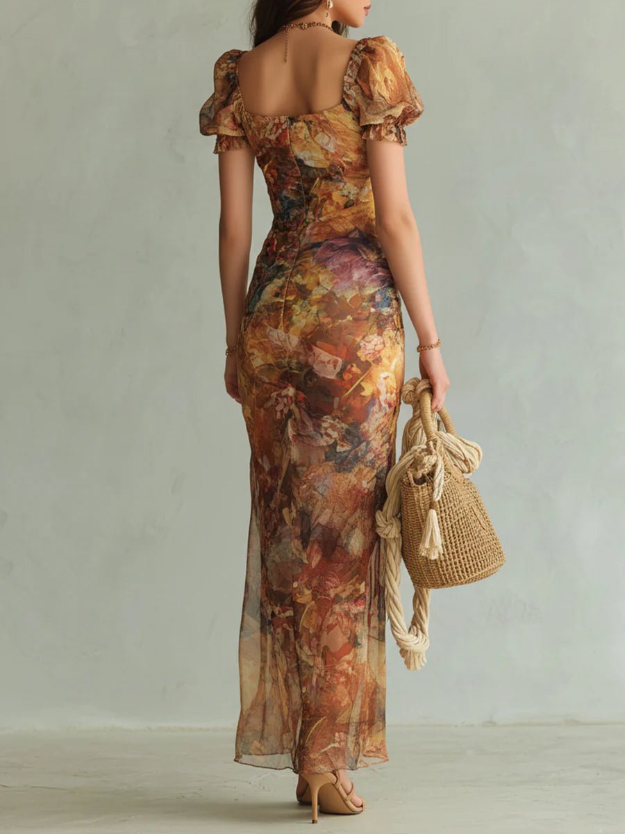 Dames Boho Chiffon Maxi-jurk met Ruffle Sweetheart Halslijn