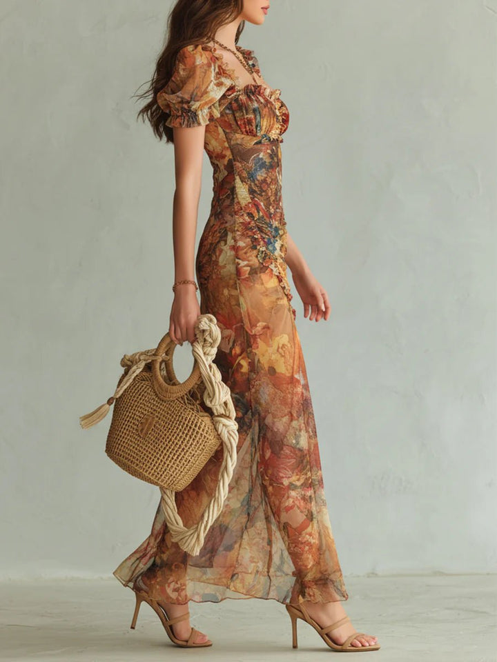 Dames Boho Chiffon Maxi-jurk met Ruffle Sweetheart Halslijn