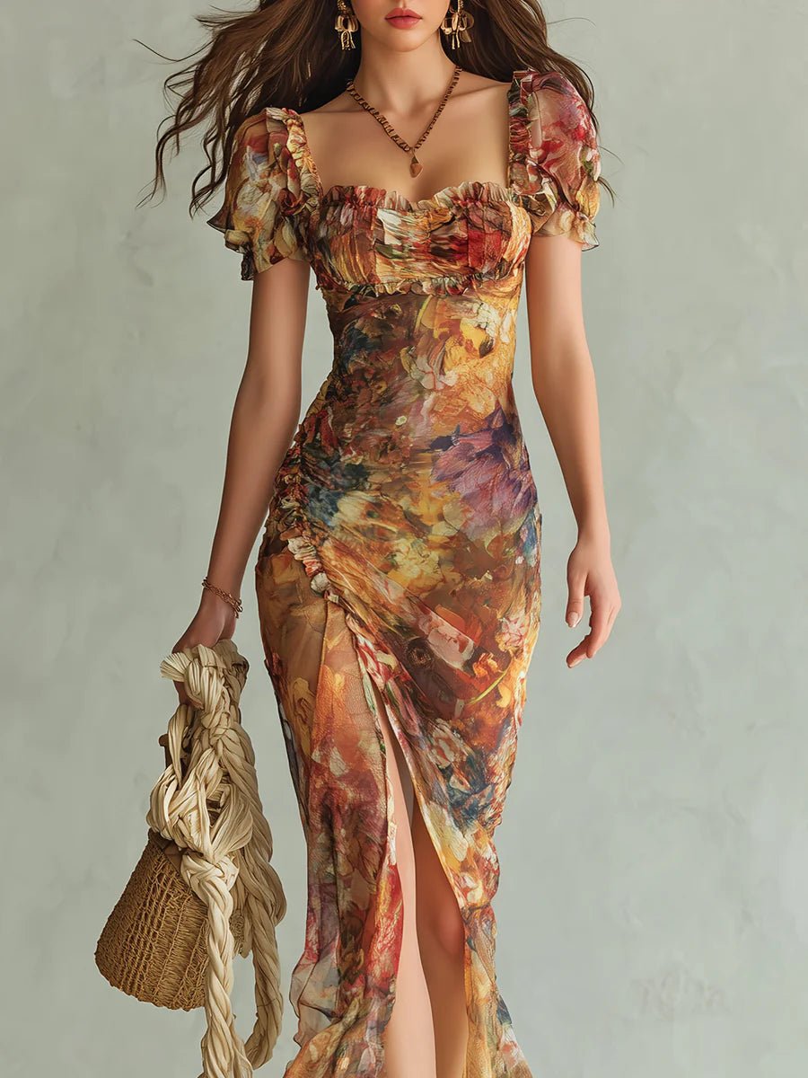 Dames Boho Chiffon Maxi-jurk met Ruffle Sweetheart Halslijn