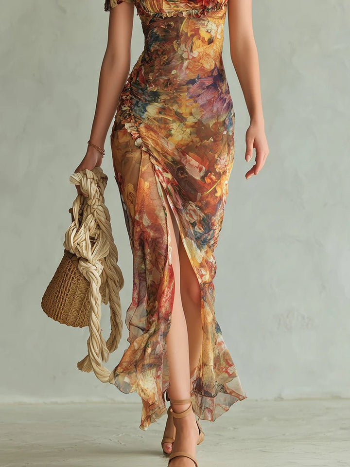 Dames Boho Chiffon Maxi-jurk met Ruffle Sweetheart Halslijn