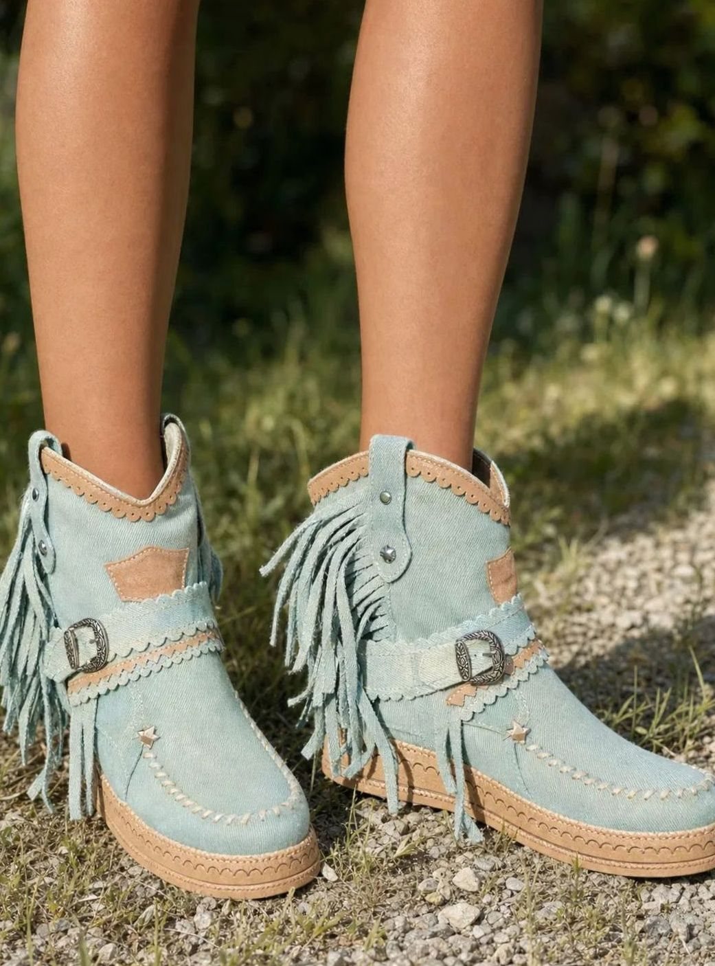 Dames Boho Cowboy Enkellaarsjes met Fringes en Gesp - Donker Blauw