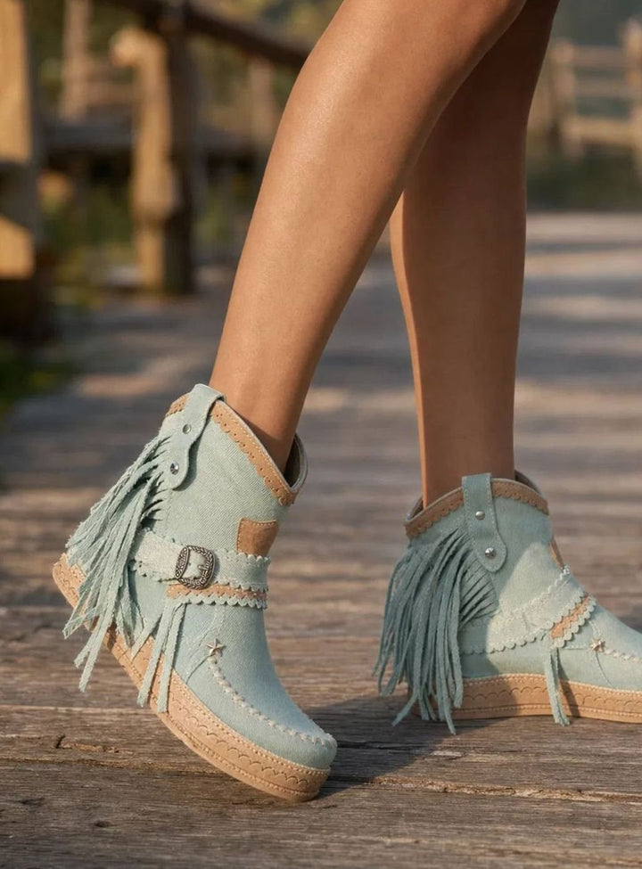 Dames Boho Cowboy Enkellaarsjes met Fringes en Gesp