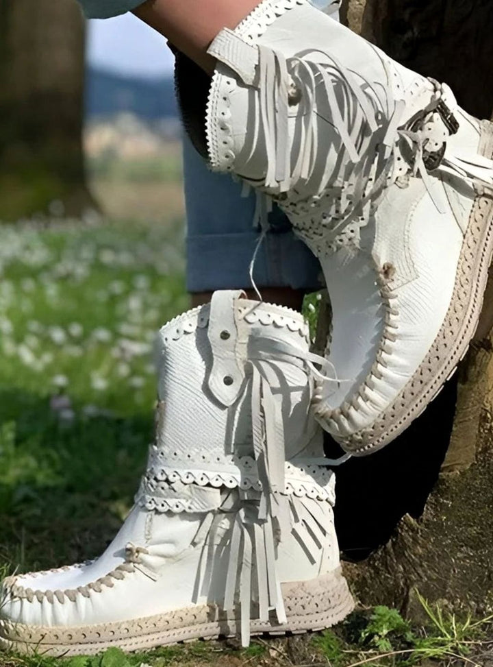 Dames Boho Cowboy Enkellaarsjes met Fringes en Gesp - Gebroken Wit