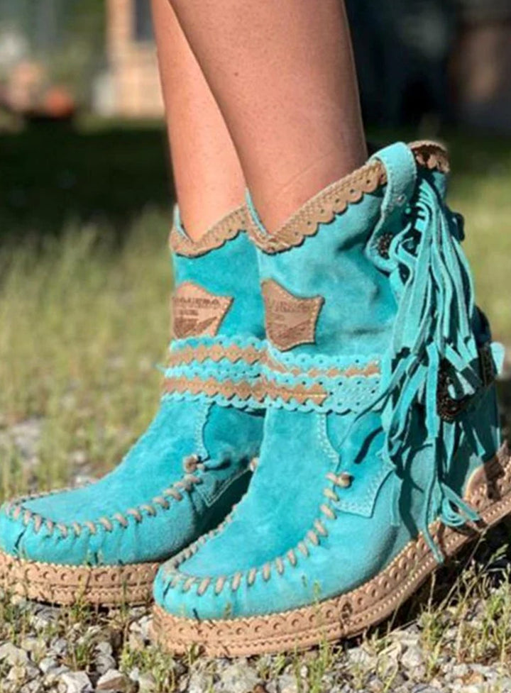 Dames Boho Cowboy Enkellaarsjes met Fringes en Gesp - Blauw Groen