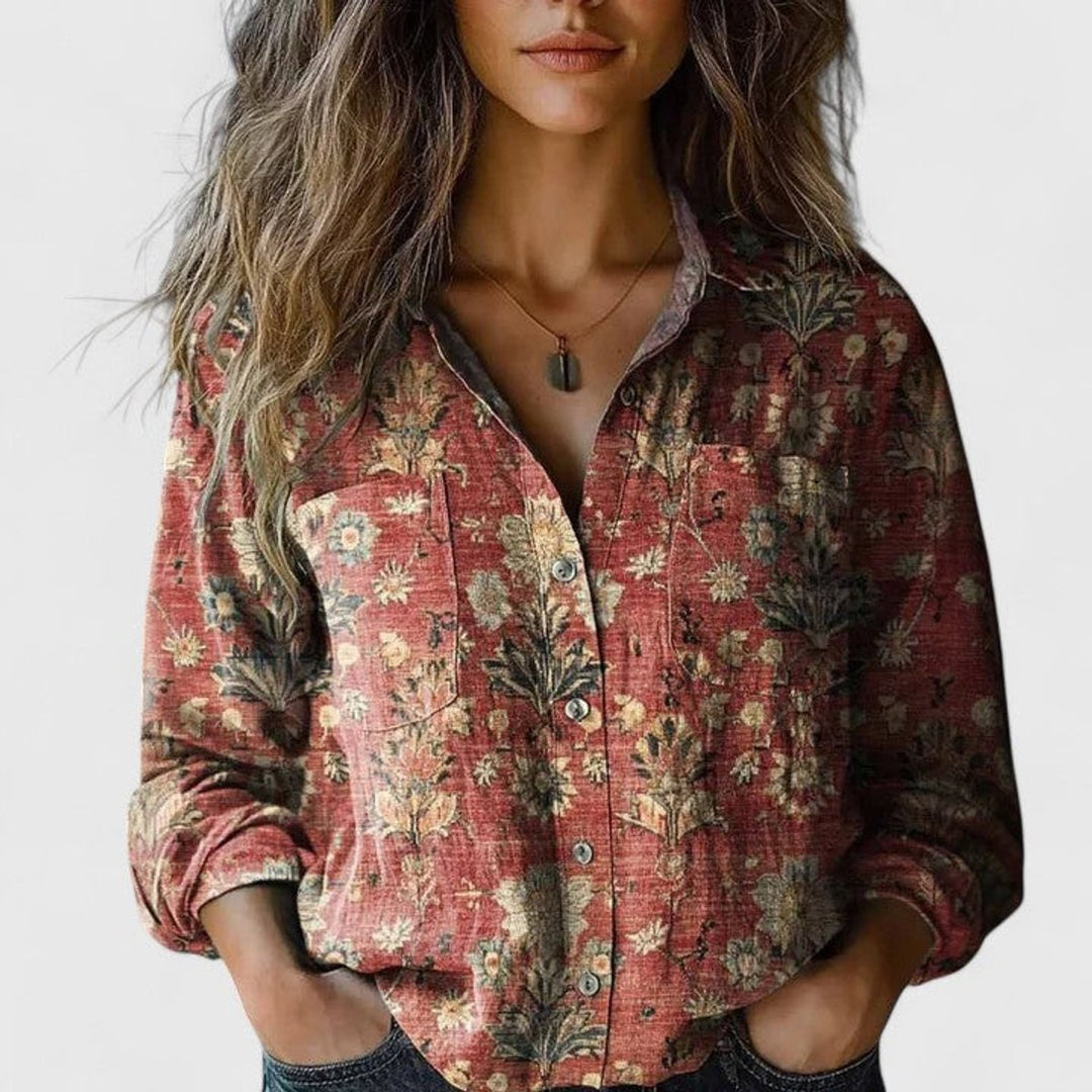 Dames Boho Gebloemde Lange Mouwen Knoopsluiting Blouse - Red