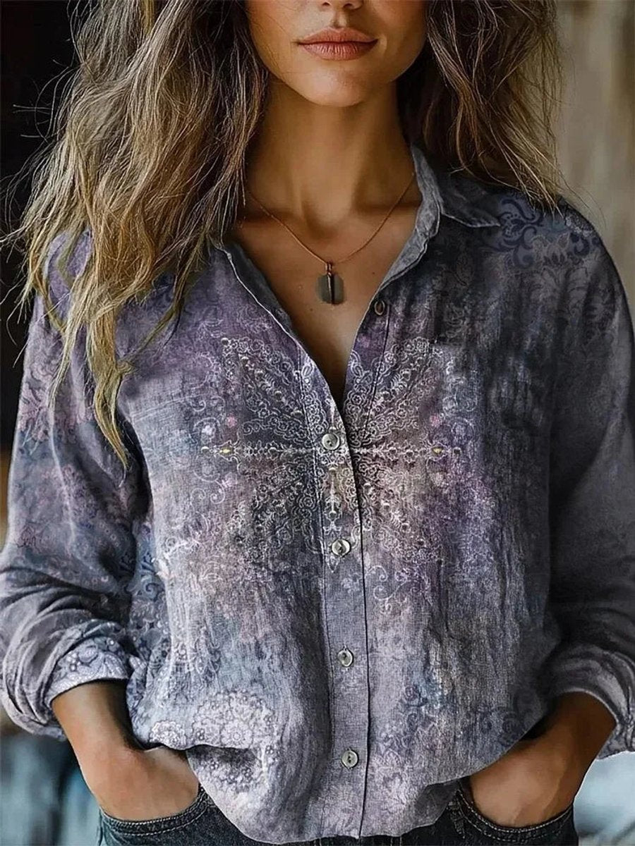 Dames Boho Gebloemde Lange Mouwen Knoopsluiting Blouse - Purple