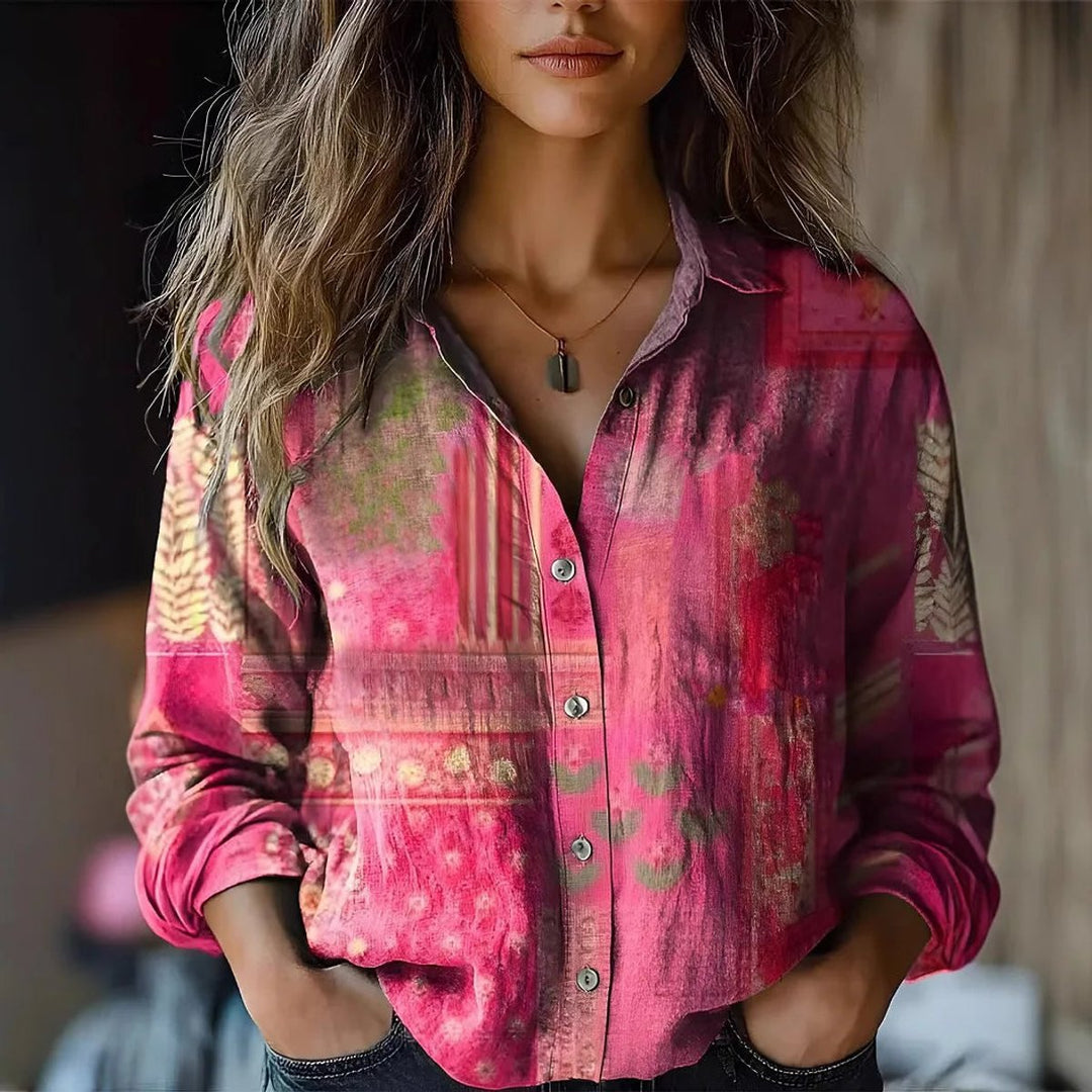 Dames Boho Gebloemde Lange Mouwen Knoopsluiting Blouse - Pink