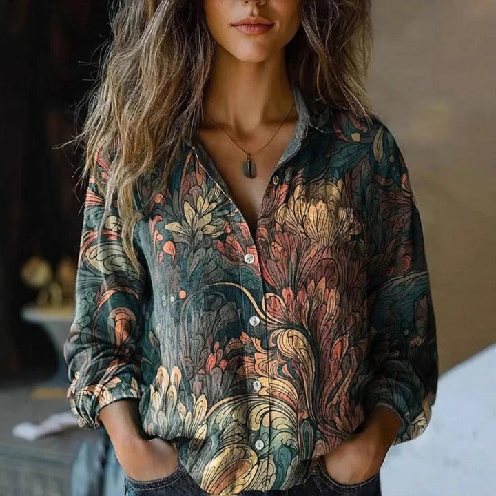 Dames Boho Gebloemde Lange Mouwen Knoopsluiting Blouse - Dark Green
