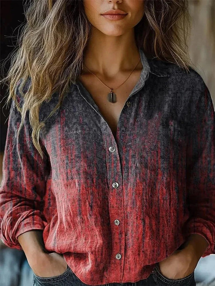 Dames Boho Gebloemde Lange Mouwen Knoopsluiting Blouse - Red-Dark Grey