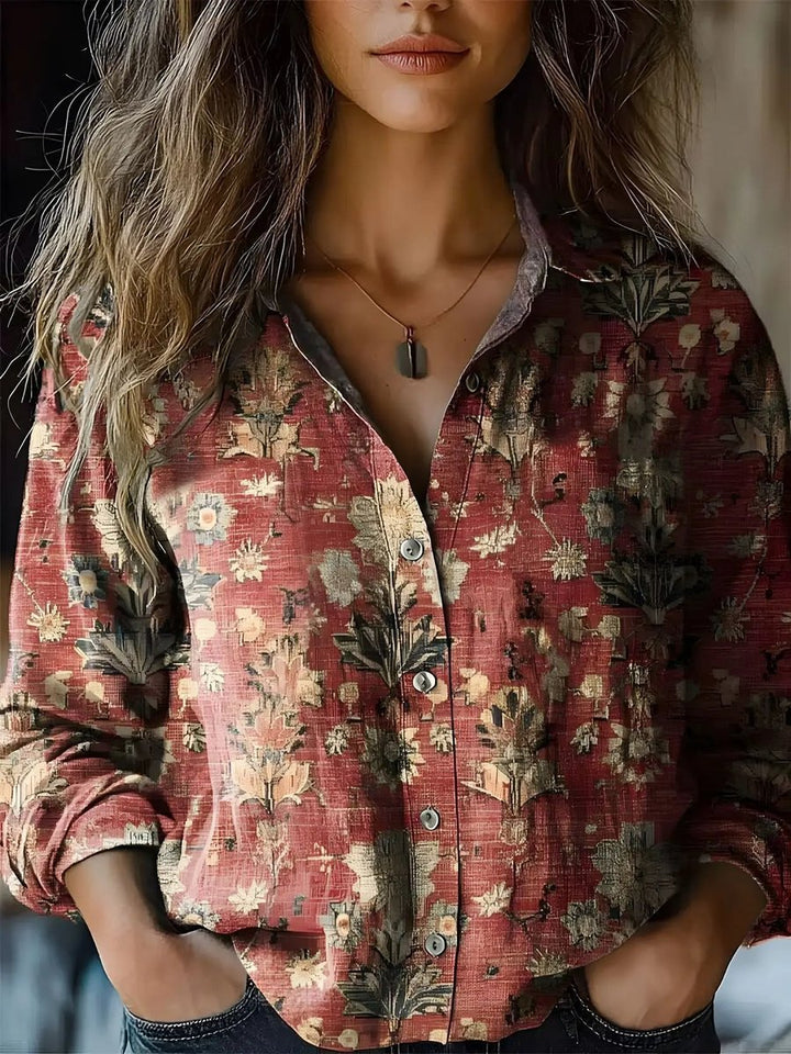 Dames Boho Gebloemde Lange Mouwen Knoopsluiting Blouse