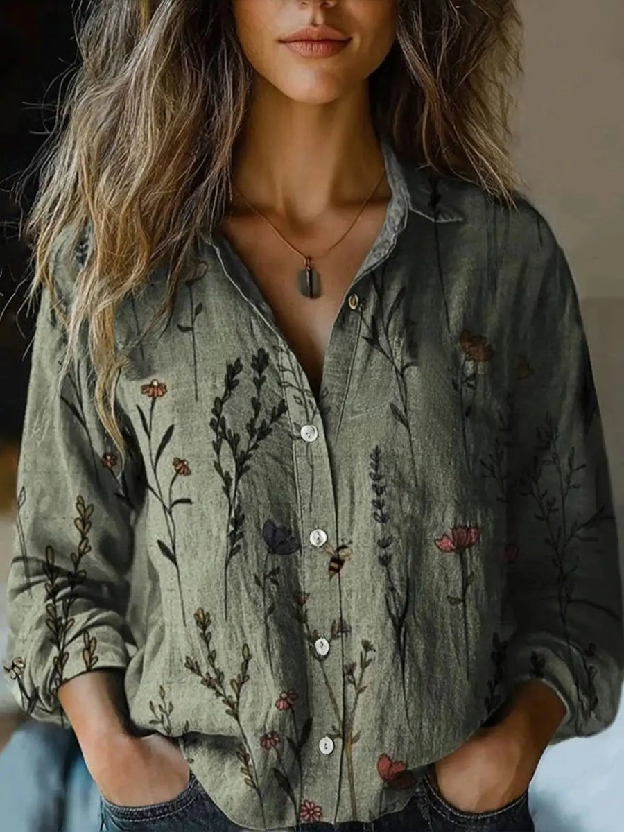 Dames Boho Gebloemde Lange Mouwen Knoopsluiting Blouse - Olive Green