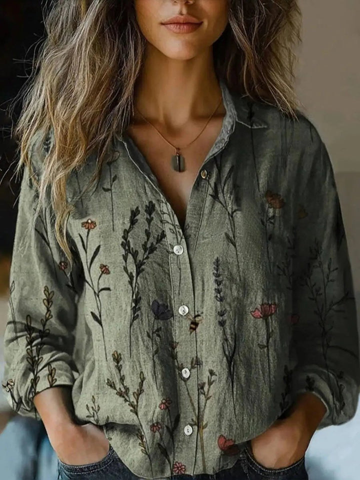 Dames Boho Gebloemde Lange Mouwen Knoopsluiting Blouse - Olive Green