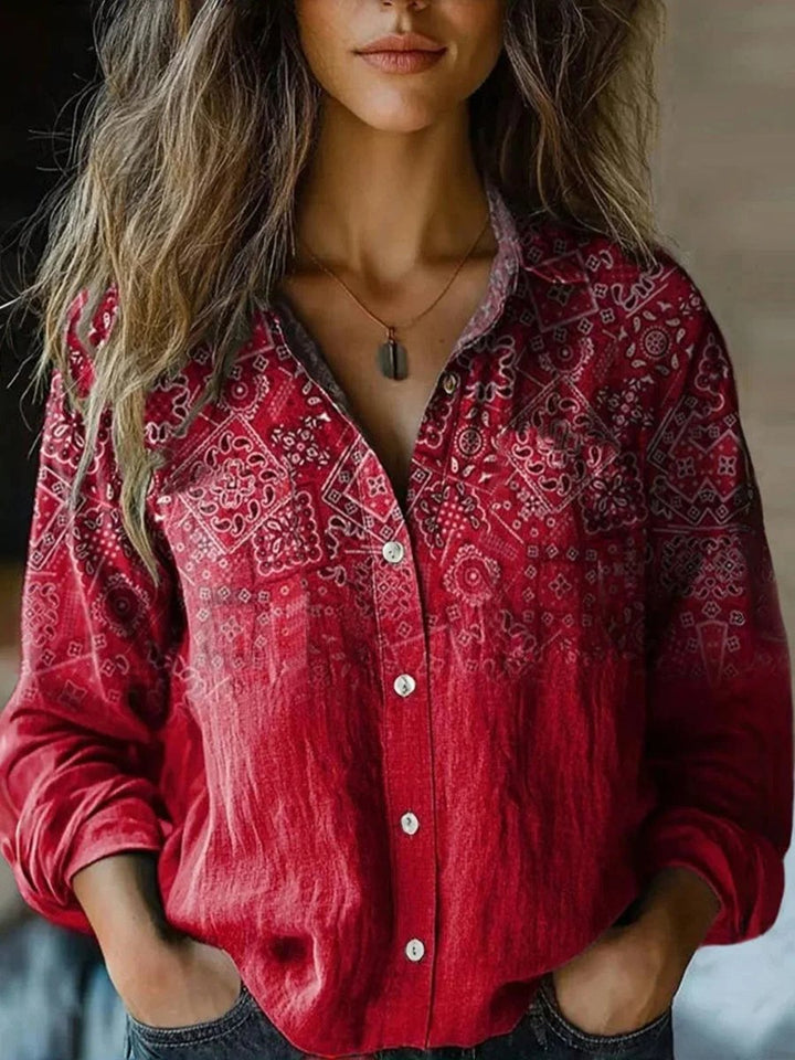 Dames Boho Gebloemde Lange Mouwen Knoopsluiting Blouse - Deep Red