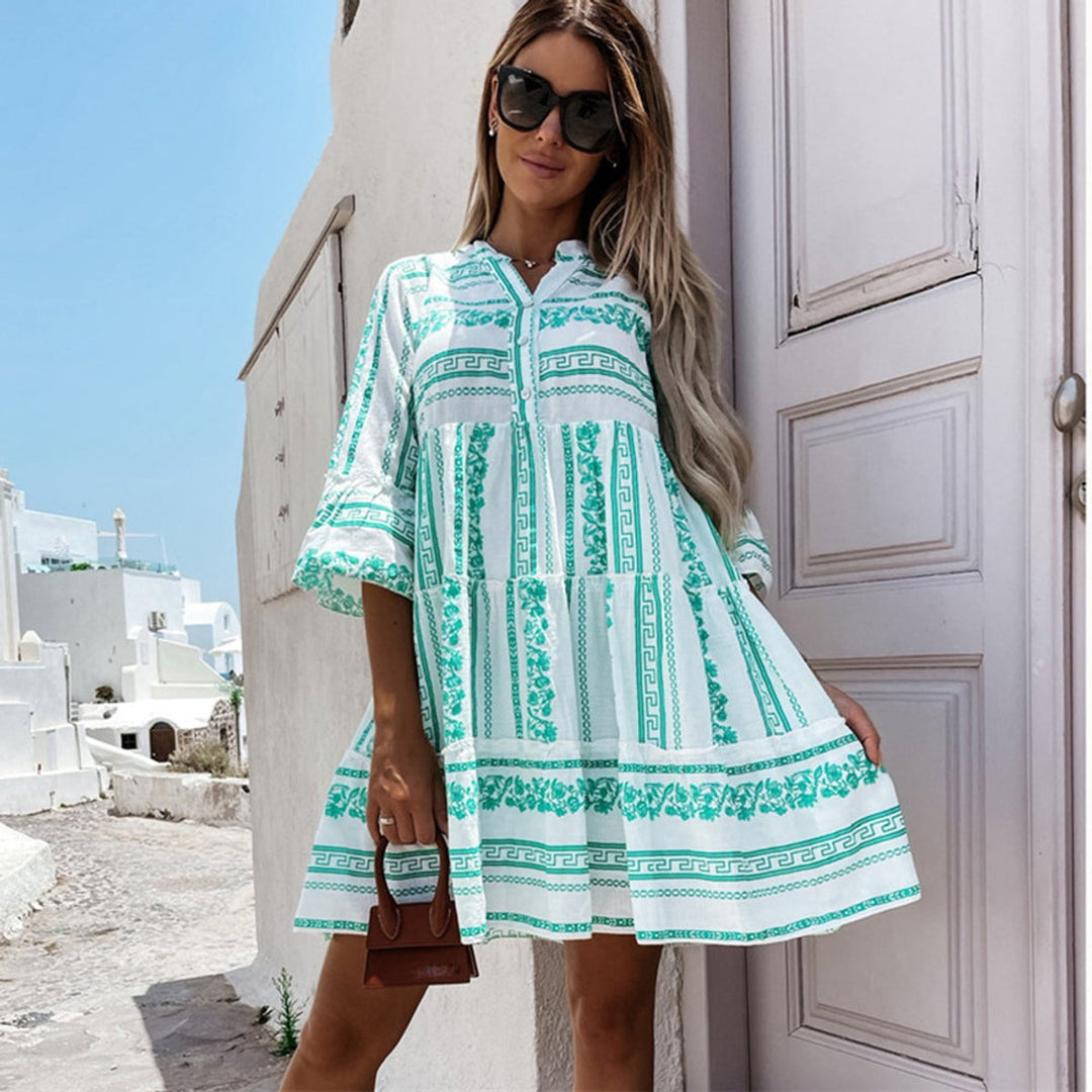 Dames Boho Gelaagde Tunic Jurk Bloemenprint Korte Mouw