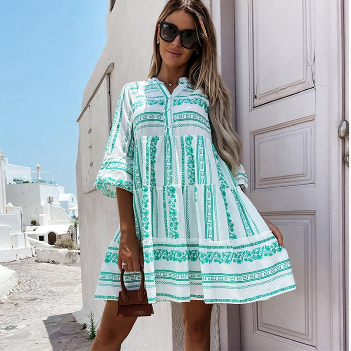 Dames Boho Gelaagde Tunic Jurk Bloemenprint Korte Mouw