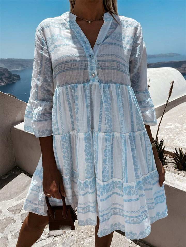 Dames Boho Gelaagde Tunic Jurk Bloemenprint Korte Mouw