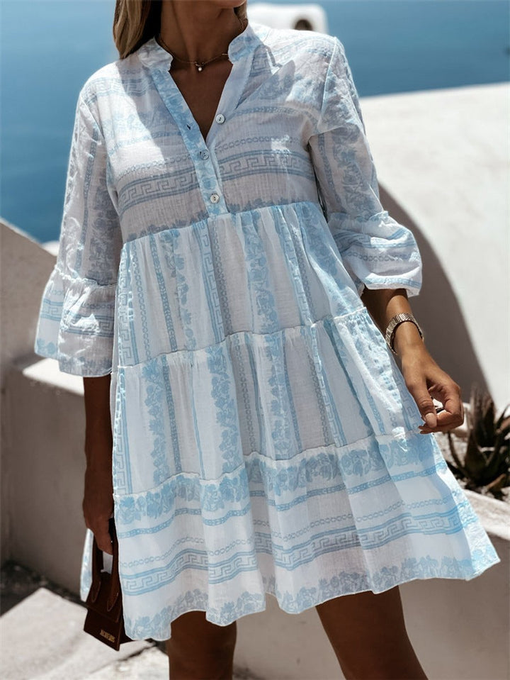 Dames Boho Gelaagde Tunic Jurk Bloemenprint Korte Mouw