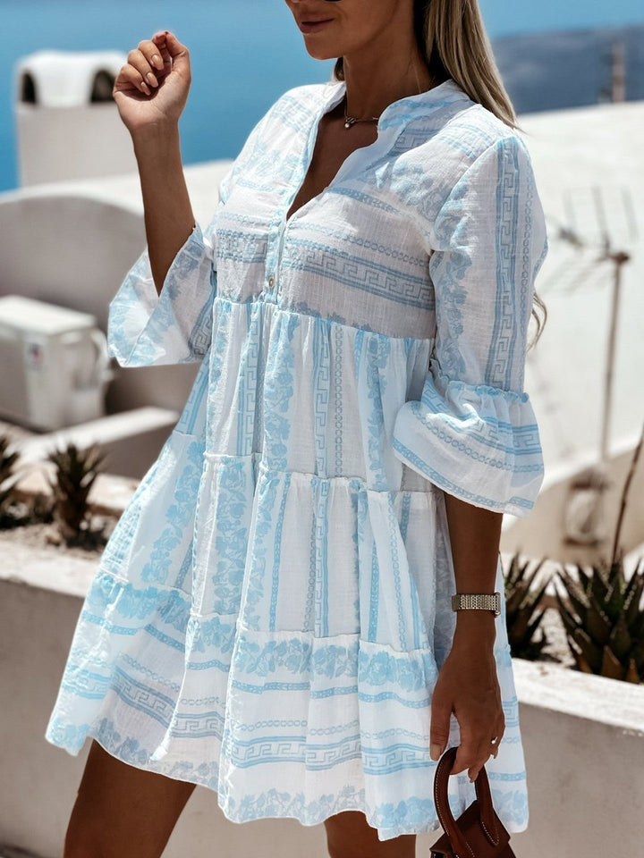 Dames Boho Gelaagde Tunic Jurk Bloemenprint Korte Mouw