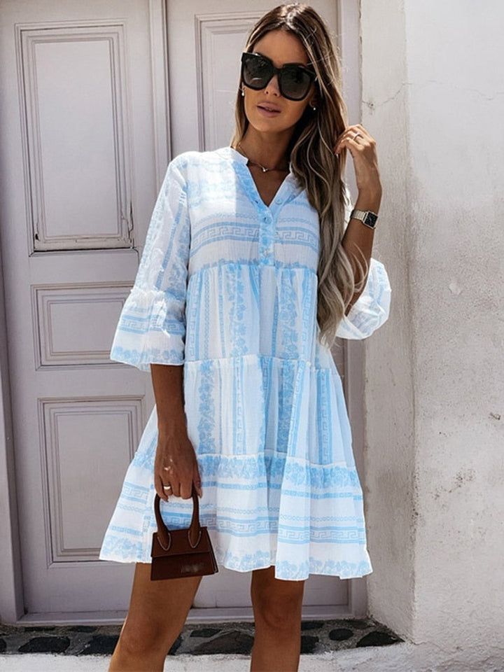 Dames Boho Gelaagde Tunic Jurk Bloemenprint Korte Mouw