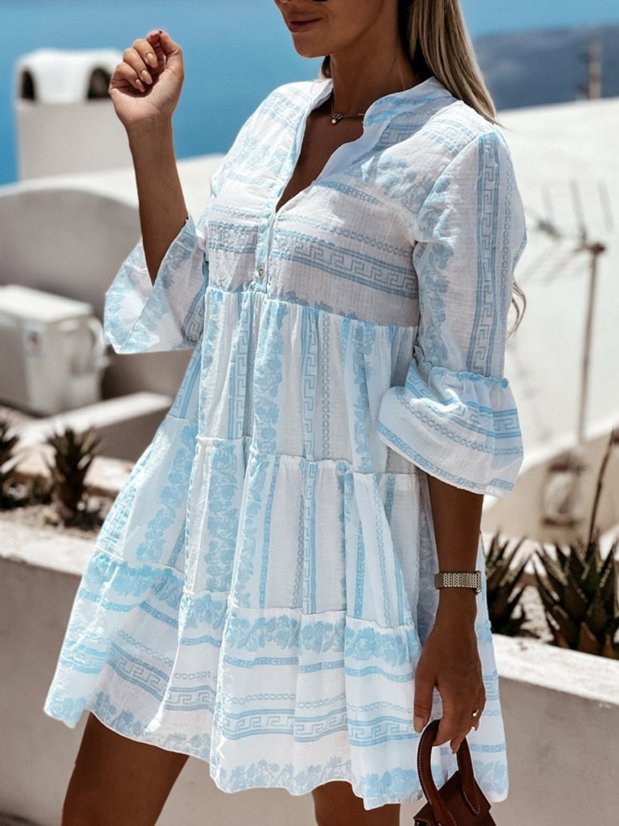 Dames Boho Gelaagde Tunic Jurk Bloemenprint Korte Mouw