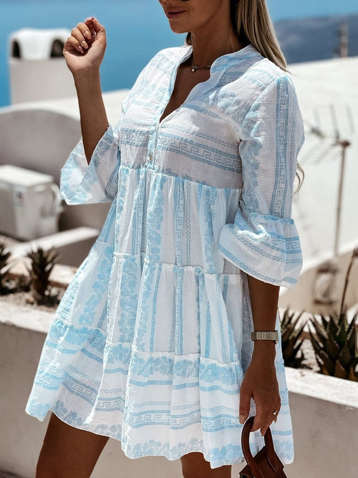 Dames Boho Gelaagde Tunic Jurk Bloemenprint Korte Mouw