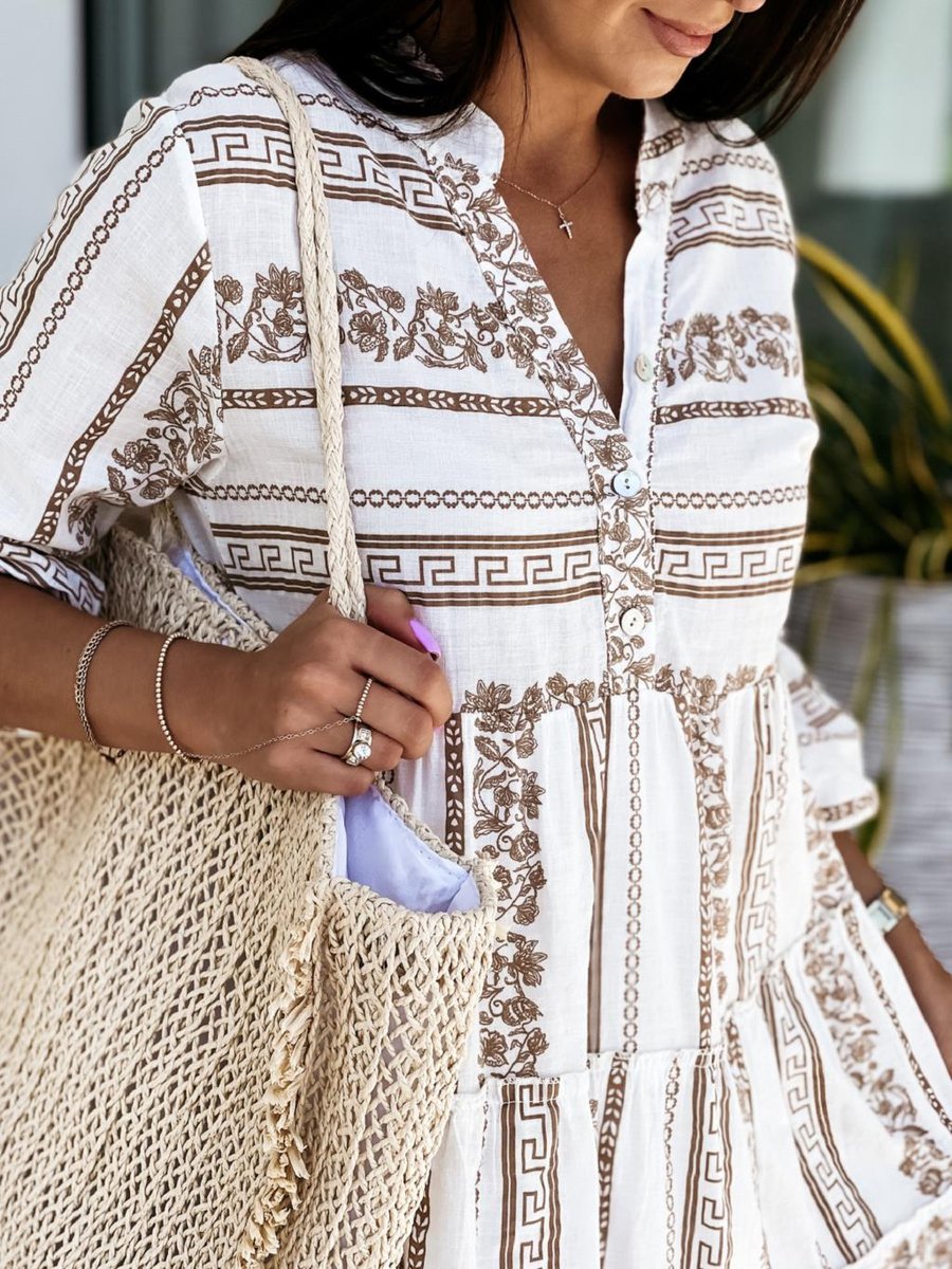 Dames Boho Gelaagde Tunic Jurk Bloemenprint Korte Mouw