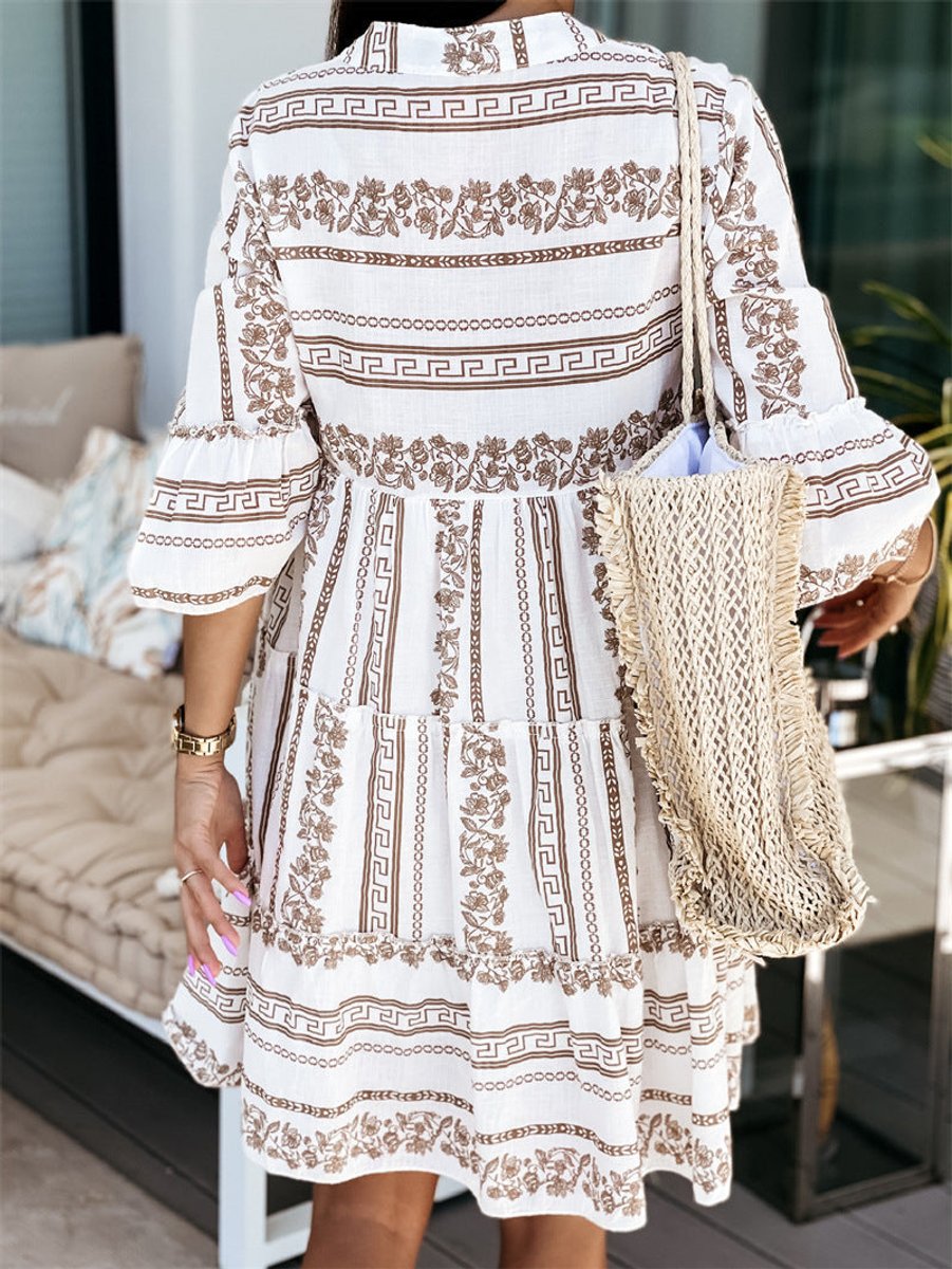 Dames Boho Gelaagde Tunic Jurk Bloemenprint Korte Mouw