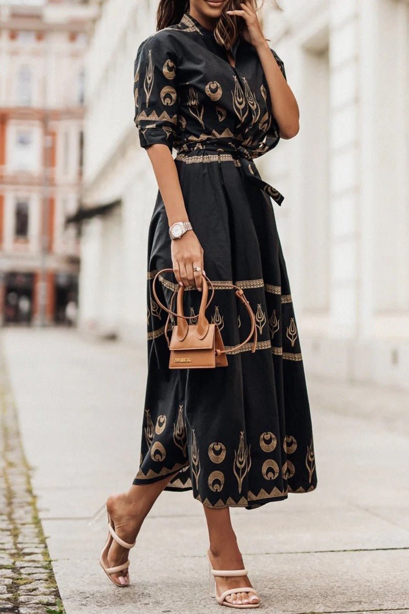 Dames Boho Geometrische Print Midi Jurk met Ceintuur - Black