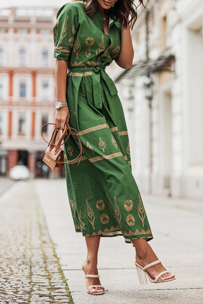 Dames Boho Geometrische Print Midi Jurk met Ceintuur - Green