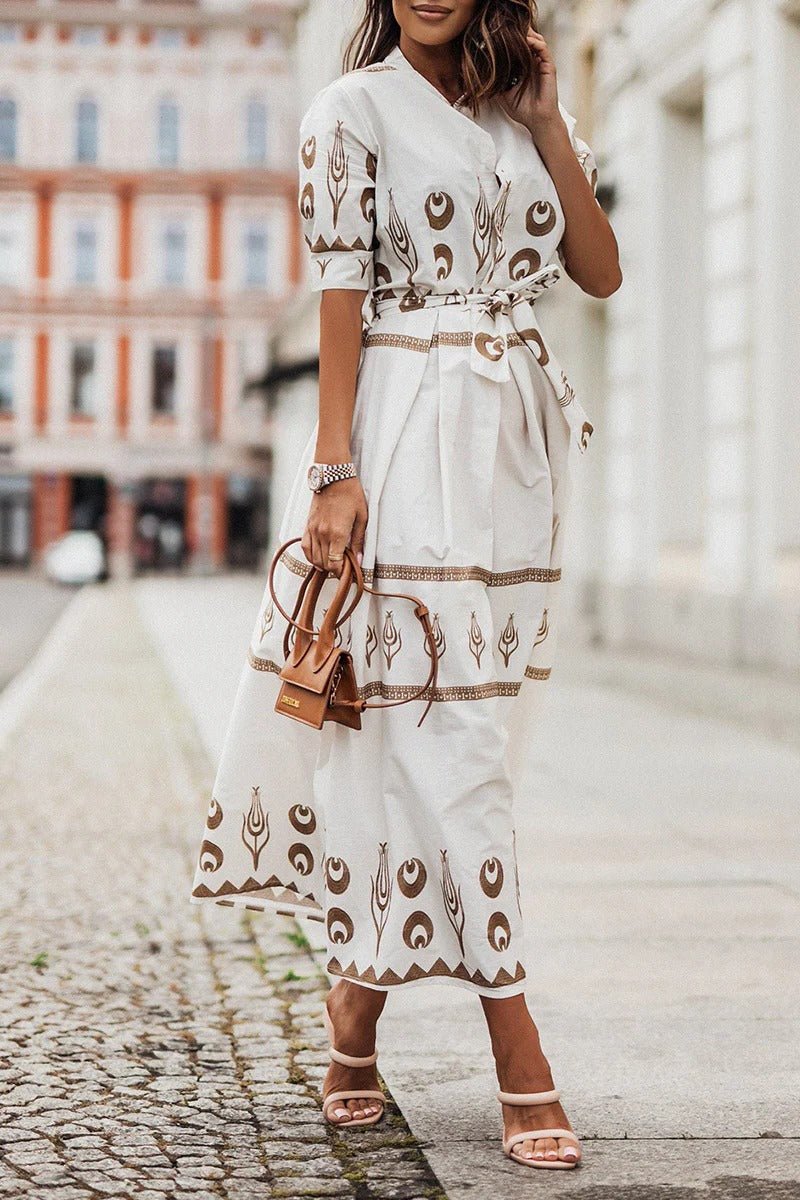 Dames Boho Geometrische Print Midi Jurk met Ceintuur - White