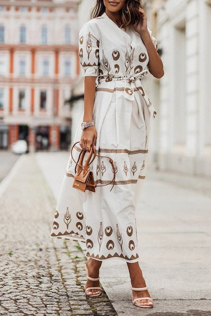 Dames Boho Geometrische Print Midi Jurk met Ceintuur - White